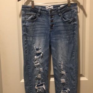 Black Daisy Distressed rhinestone Jamie Relaxed Skinny Jean Button Fly size 7/28